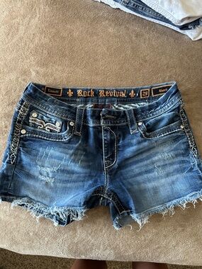 Rock Revival Frayed Distressed Blue Denim Cutoff Shorts